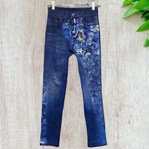 DOCELE -- Leggings, Jeans-Look "Denim" with Flower Print Front and Back